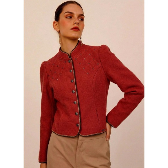 geiger Sweaters - Vtg Geiger Women's 40 Boiled Wool Jacket 80s Pewter Buttons Tyrolean Grandmacore